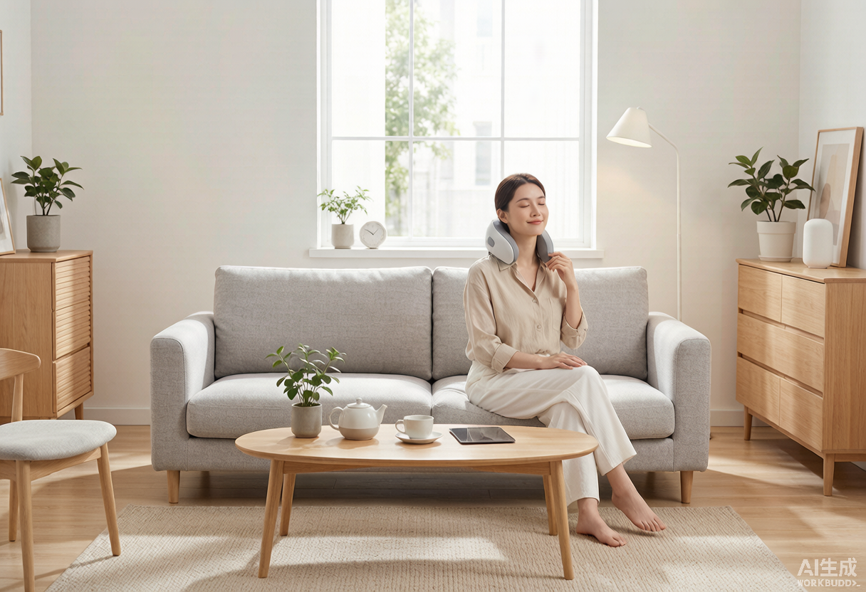 Woman relaxing with a neck massager at home